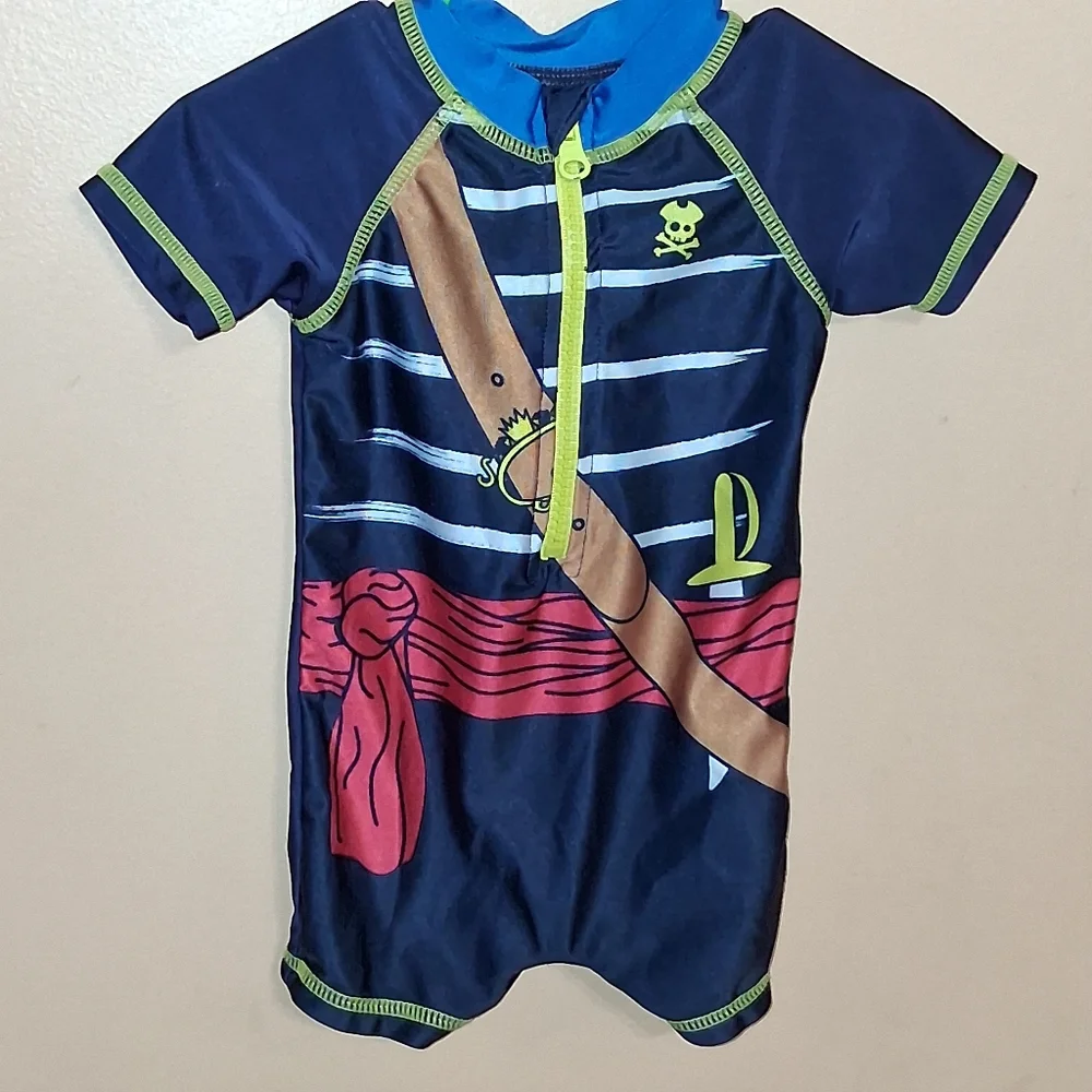 Kids Pirate Rashguard Swimsuit - Navy with Red Accent